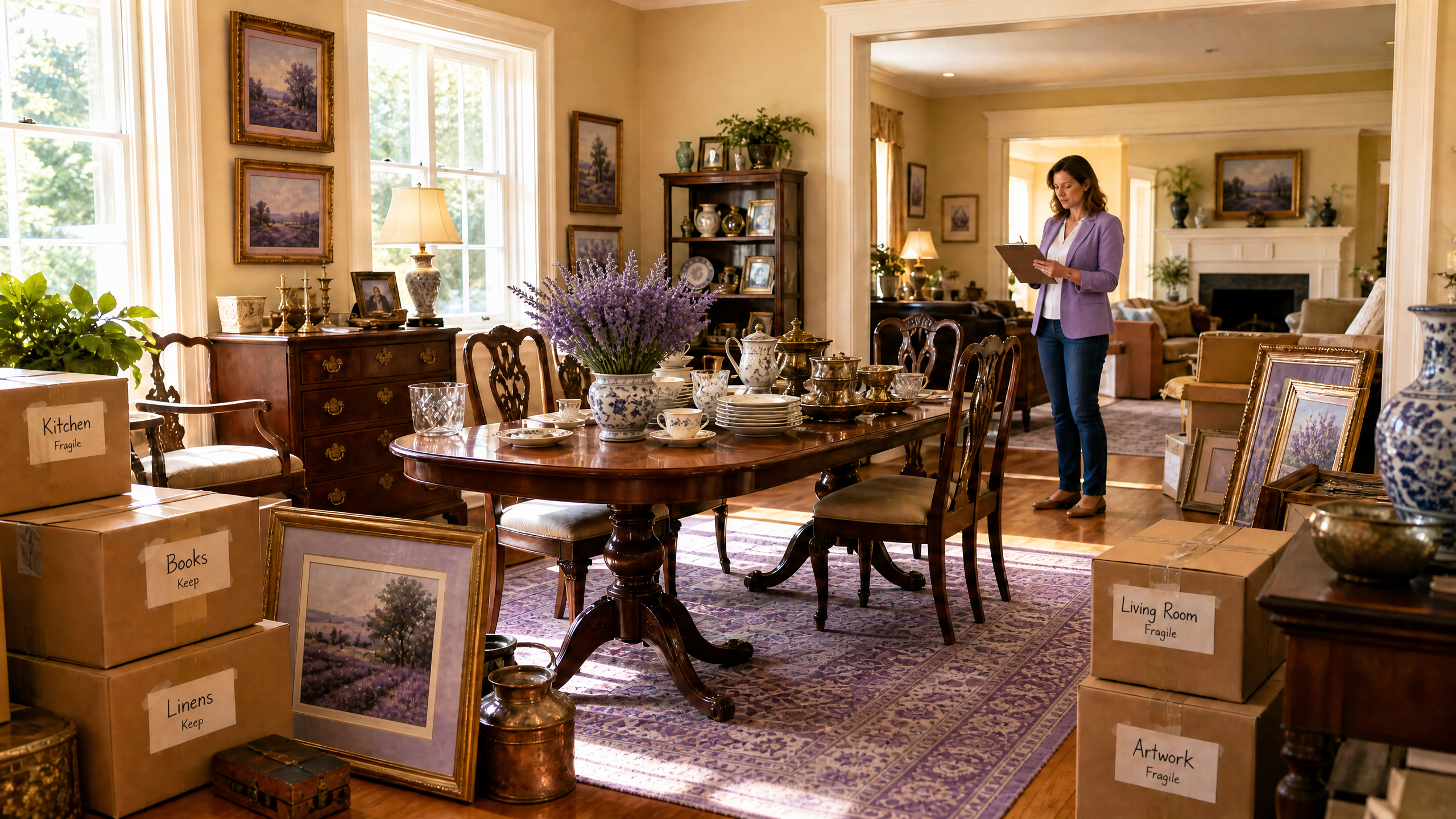 Estate professional cataloging belongings in an elegant home with labeled moving boxes